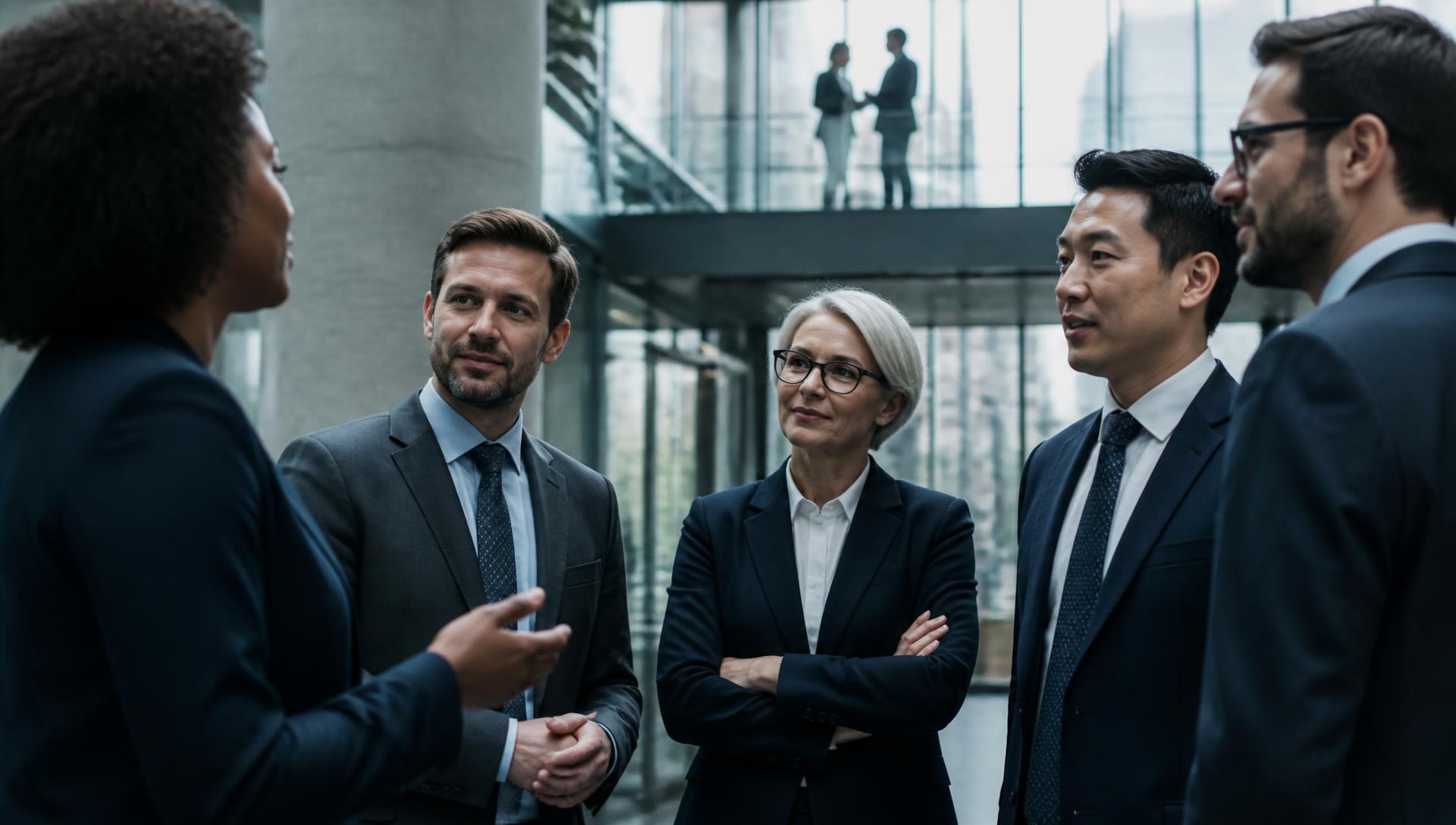 Santok Group colleagues in conversation at a headquarters atrium